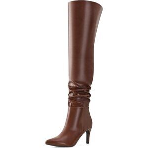 Women Brown Pu Polyurethane Over The Knee Stiletto Heel Pointed Toe Long Boots